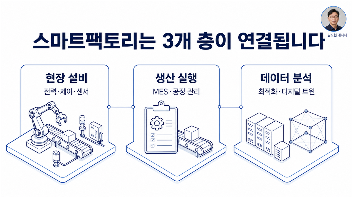 스마트팩토리를 현장 설비 생산 실행 데이터 분석으로 구분한 카드뉴스