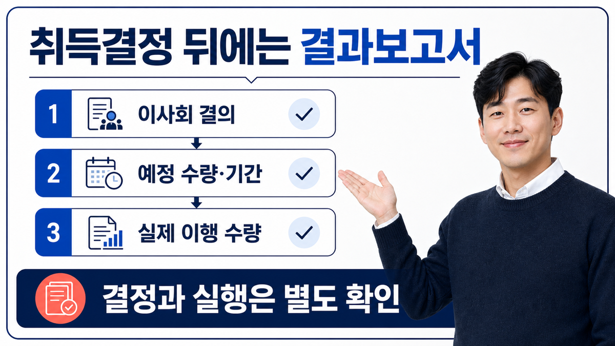 자사주 취득결정 뒤 예정 수량과 기간을 보고 취득결과보고서의 실제 이행 수량을 따로 확인하는 카드뉴스