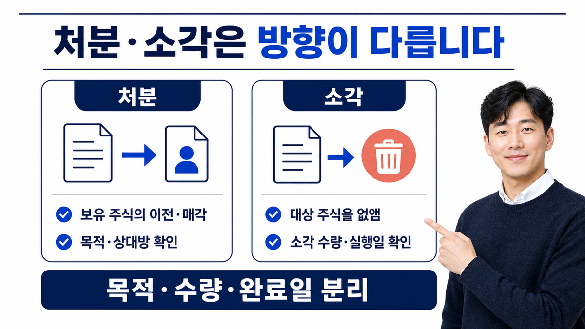 자사주 처분은 보유 주식의 이전 또는 매각이고 소각은 발행주식 총수에 영향을 주는 별도 결정임을 비교한 카드뉴스