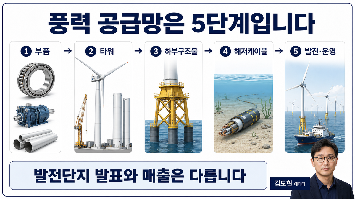 풍력 산업을 베어링 타워 해상 하부구조물 해저케이블 발전 운영으로 구분한 카드뉴스