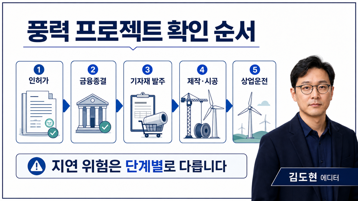 풍력 프로젝트에서 인허가 금융종결 발주 제작 시공 상업운전 순서를 확인하는 카드뉴스