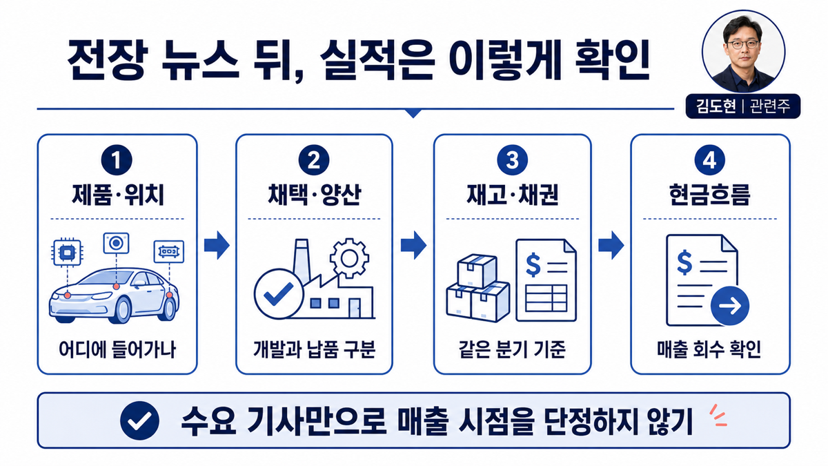 자동차 전장 기업의 실적 확인 순서를 제품 채택 양산 재고 매출채권 현금흐름으로 보여주는 카드뉴스