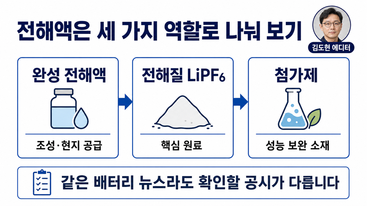 전해액을 완성 전해액 전해질 첨가제와 해외 생산 거점으로 구분한 카드뉴스
