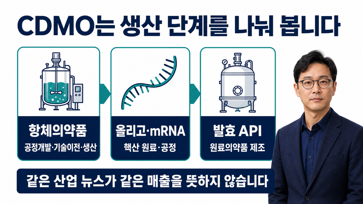 바이오 CDMO를 항체의약품 올리고뉴클레오타이드와 원료의약품 생산 단계로 나누어 보는 카드뉴스