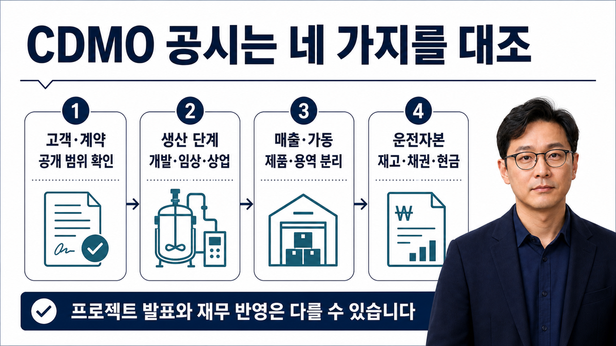 바이오 CDMO 공시에서 고객 계약 생산 단계 가동률 재고 매출채권 현금흐름을 점검하는 카드뉴스