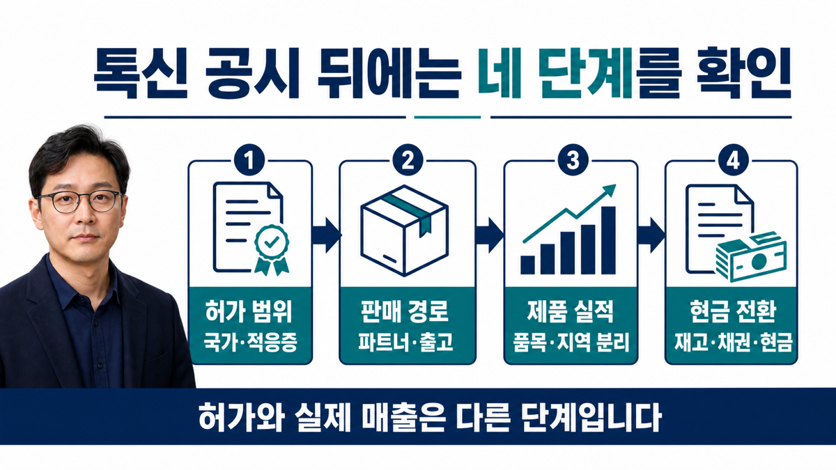 보툴리눔 톡신 관련 공시에서 허가 유통 출고 매출 재고 현금을 순서대로 확인하는 카드뉴스
