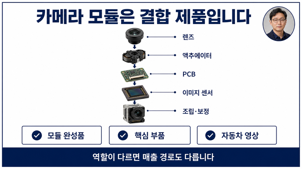 카메라 모듈을 렌즈 액추에이터 PCB 이미지 센서 조립과 보정 역할로 나눈 카드뉴스