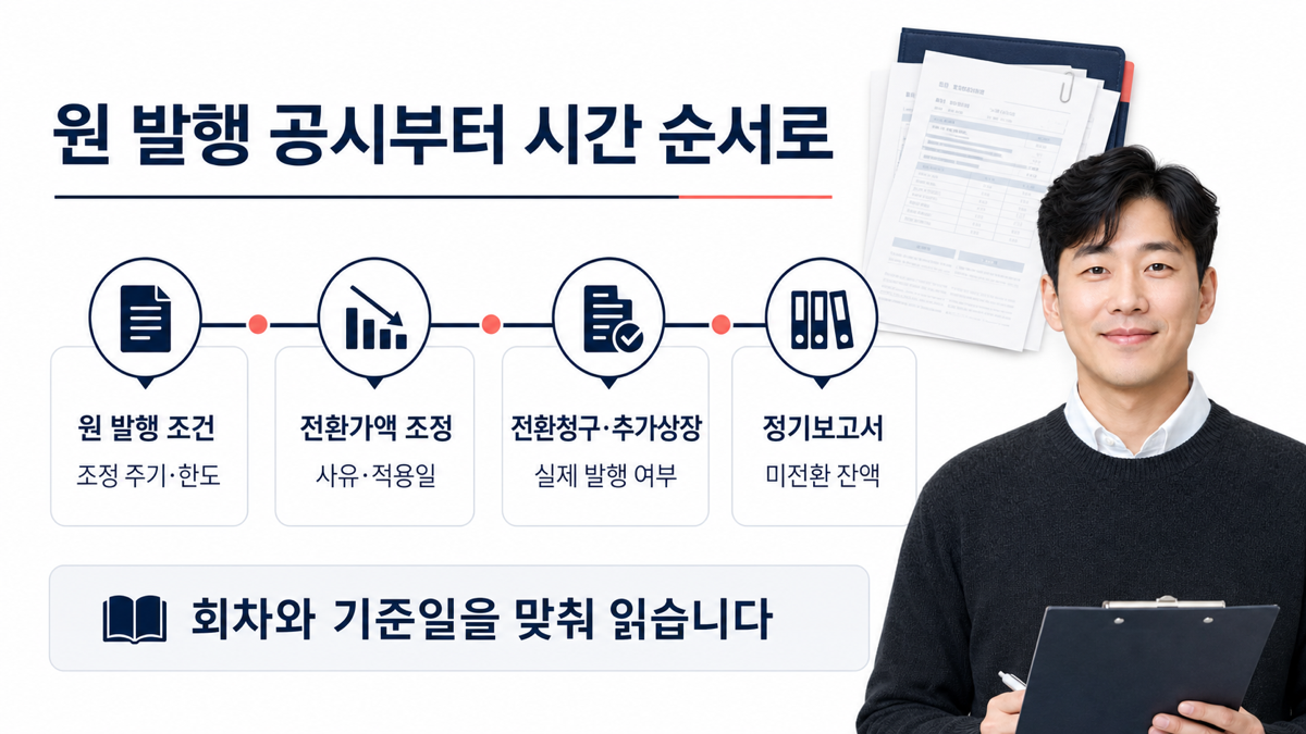 전환가액 조정 공시를 원 발행 결정 전환청구권 행사 추가상장 정기보고서와 대조하는 카드뉴스