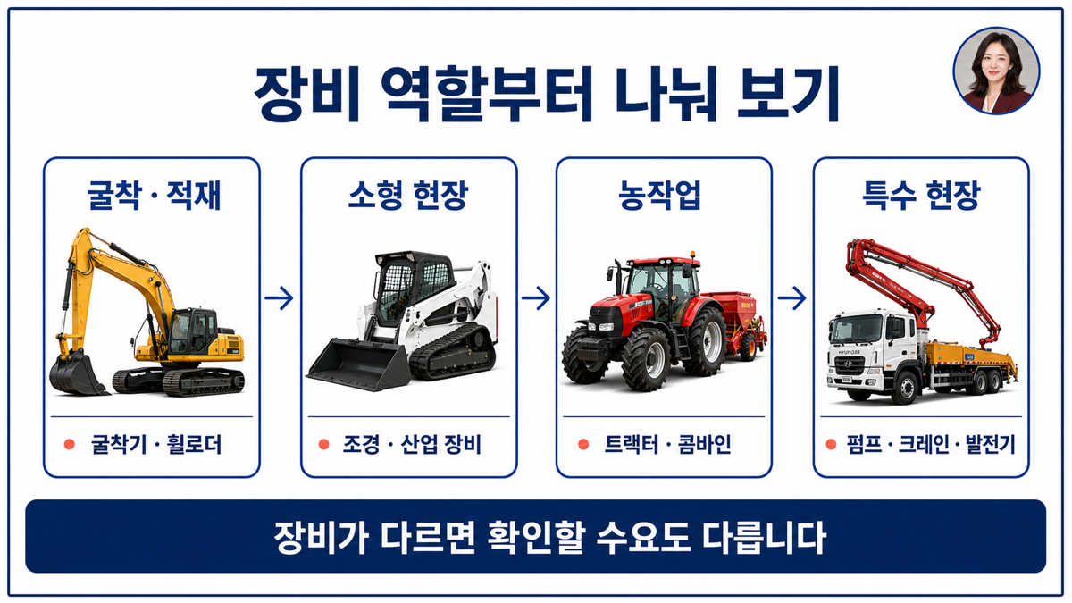 건설기계를 굴착 적재 운반 농작업 특수 현장 장비로 나눈 카드뉴스