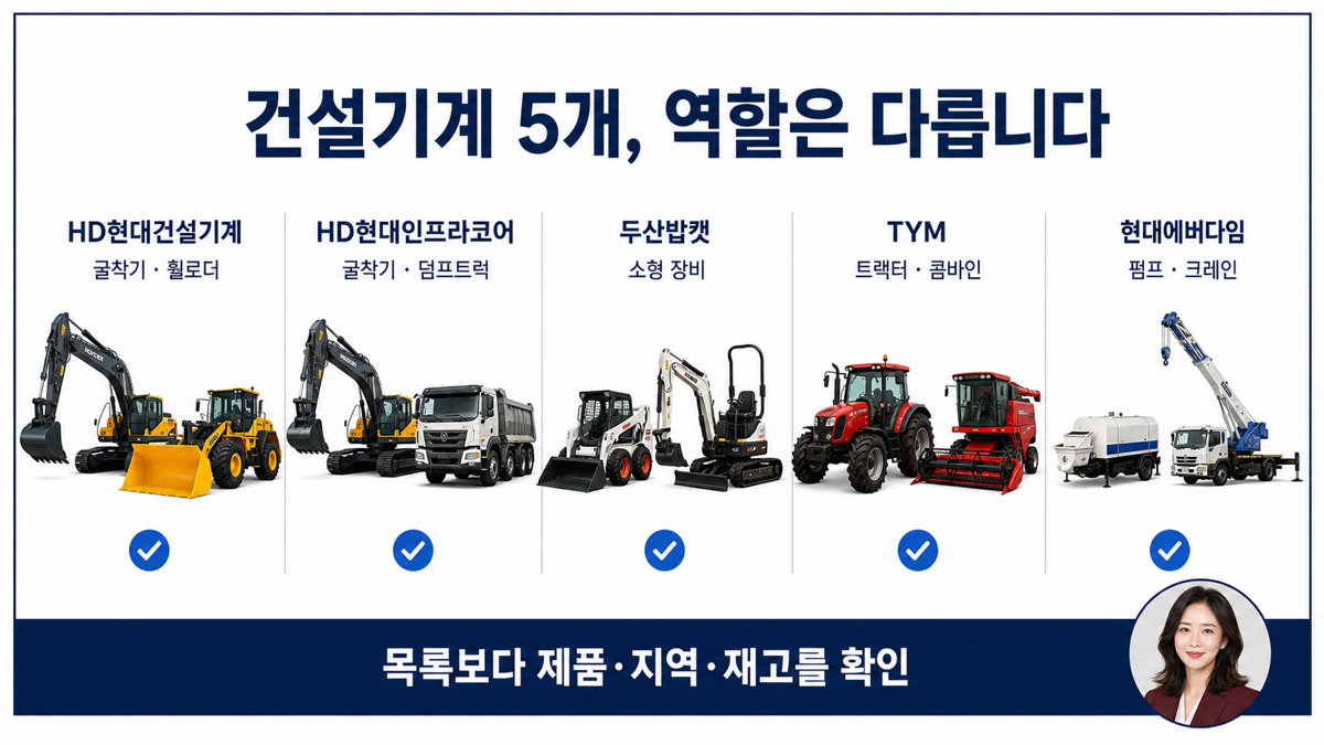 HD현대건설기계 HD현대인프라코어 두산밥캣 TYM 현대에버다임의 장비 역할을 구분한 카드뉴스