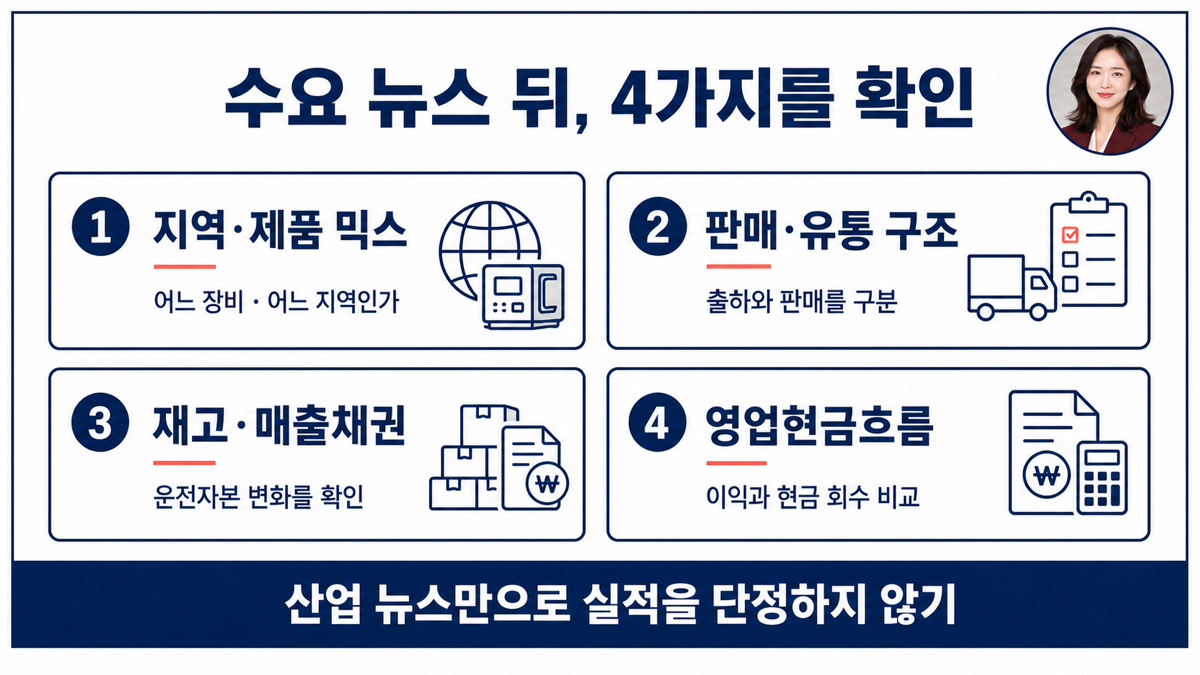 건설기계 테마에서 지역 제품 믹스 재고 매출채권과 현금흐름을 확인하는 카드뉴스