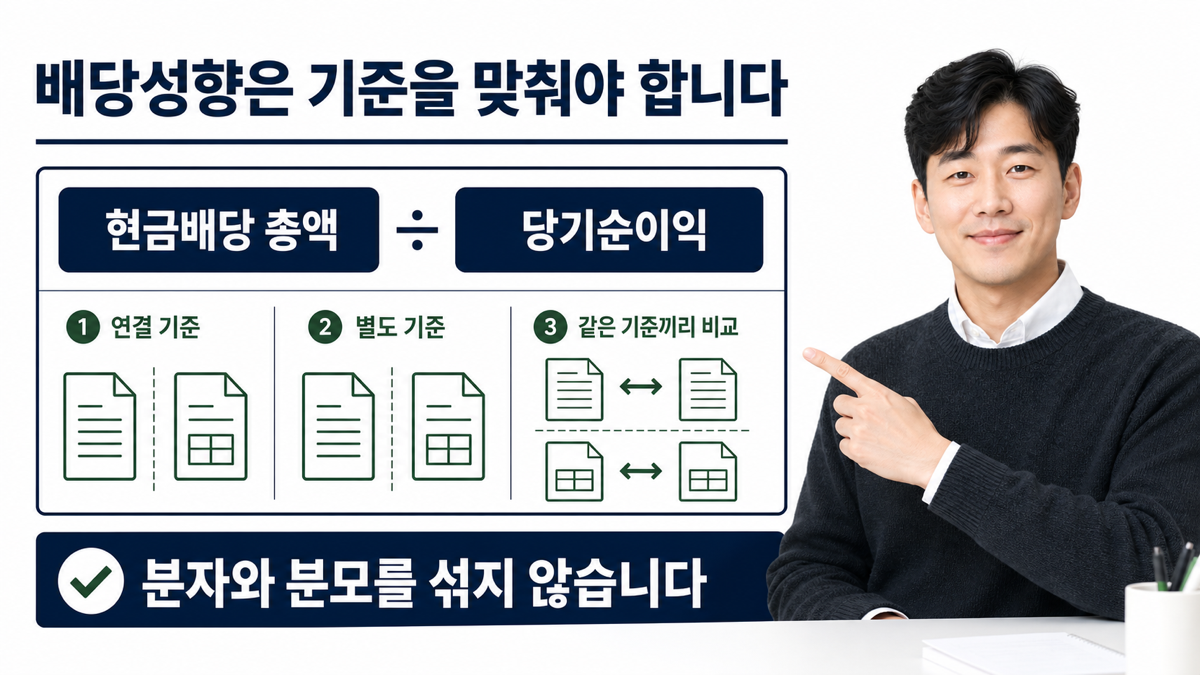 배당성향을 현금배당 총액과 순이익의 연결 별도 기준으로 나누어 확인하는 카드뉴스