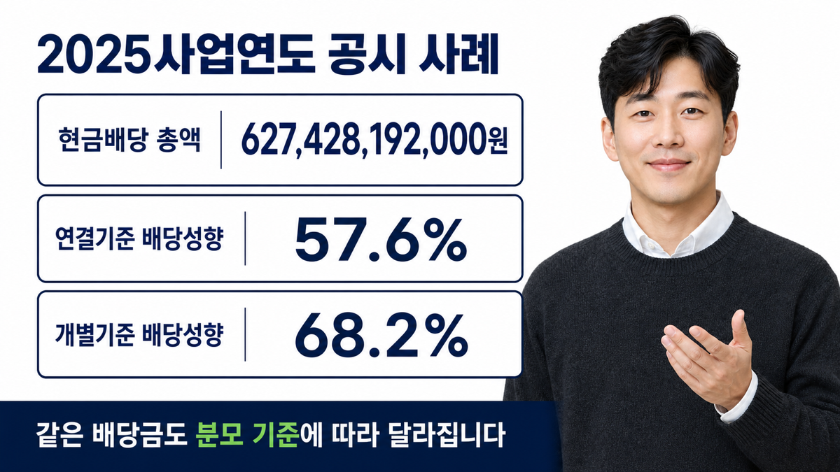 2025사업연도 배당 공시 사례에서 현금배당 총액과 연결 별도 기준 배당성향을 비교하는 카드뉴스