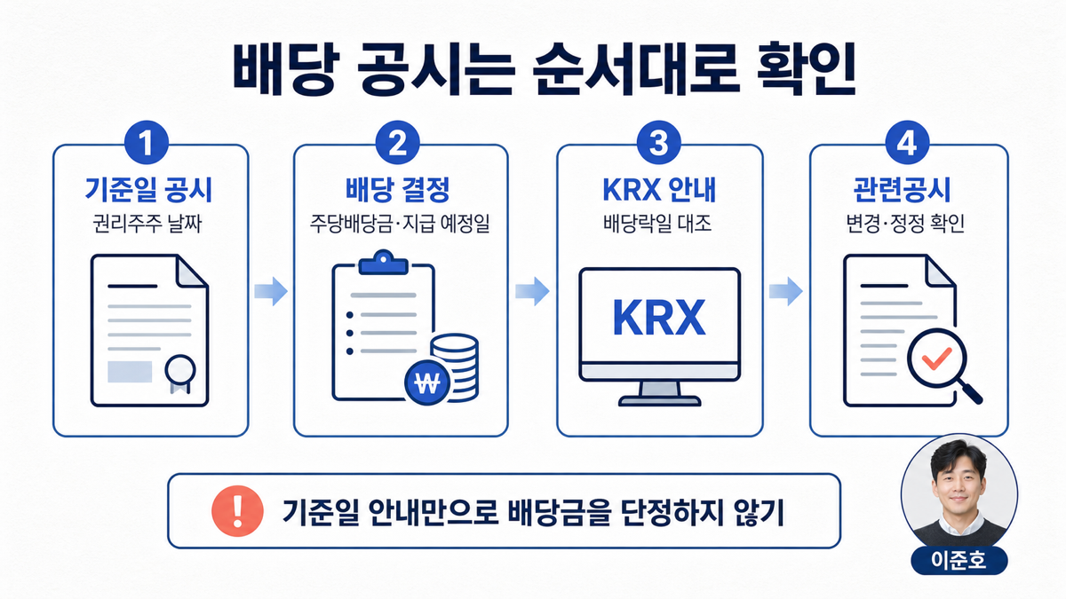 배당 공시를 기준일 배당 결정 배당락 지급일 순서로 확인하는 카드뉴스