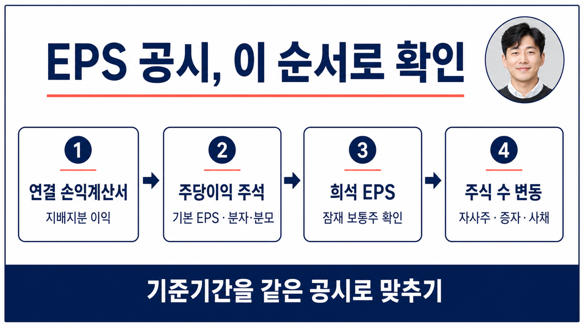 EPS 공시에서 손익계산서와 주당이익 주석과 자본변동표를 확인하는 카드뉴스