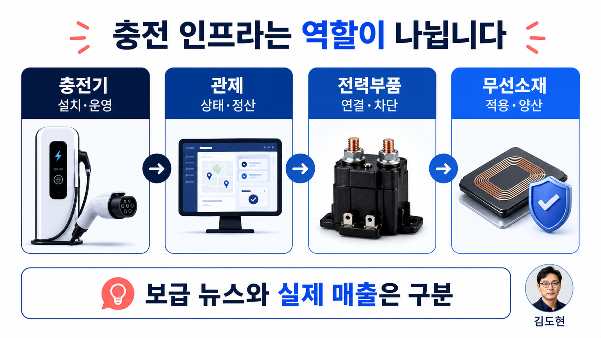 전기차 충전 인프라를 충전기 운영 커넥터 전력 릴레이 무선충전 소재로 나눈 카드뉴스