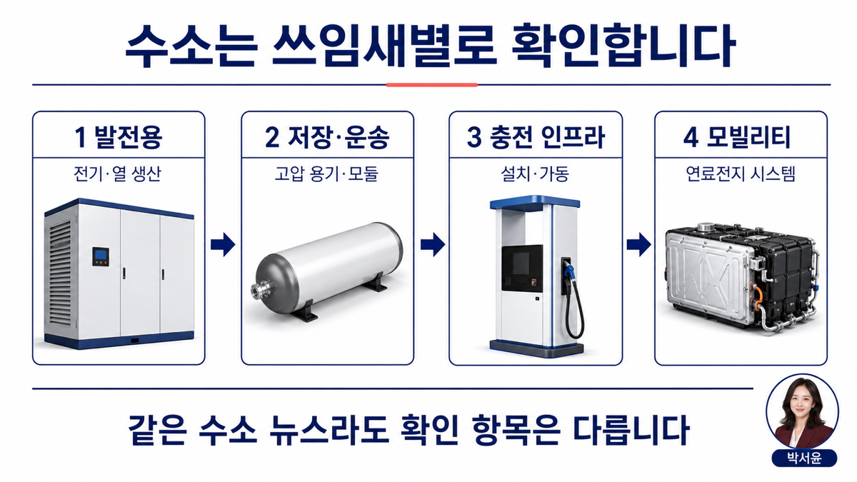 수소 산업을 발전용 연료전지 저장용기 충전소 모빌리티 시스템으로 나눈 카드뉴스