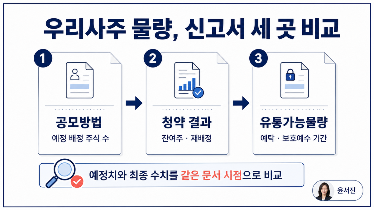공모주 증권신고서에서 공모방법 청약 결과 유통가능물량 표를 비교하는 카드뉴스