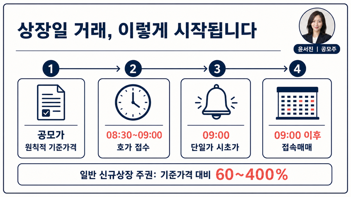 공모주 상장일 공모가 기준가격과 60에서 400퍼센트 호가 범위를 설명하는 카드뉴스