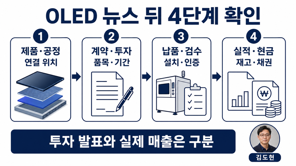 OLED 관련주에서 제품 공정 계약 검수 실적과 현금흐름을 확인하는 카드뉴스