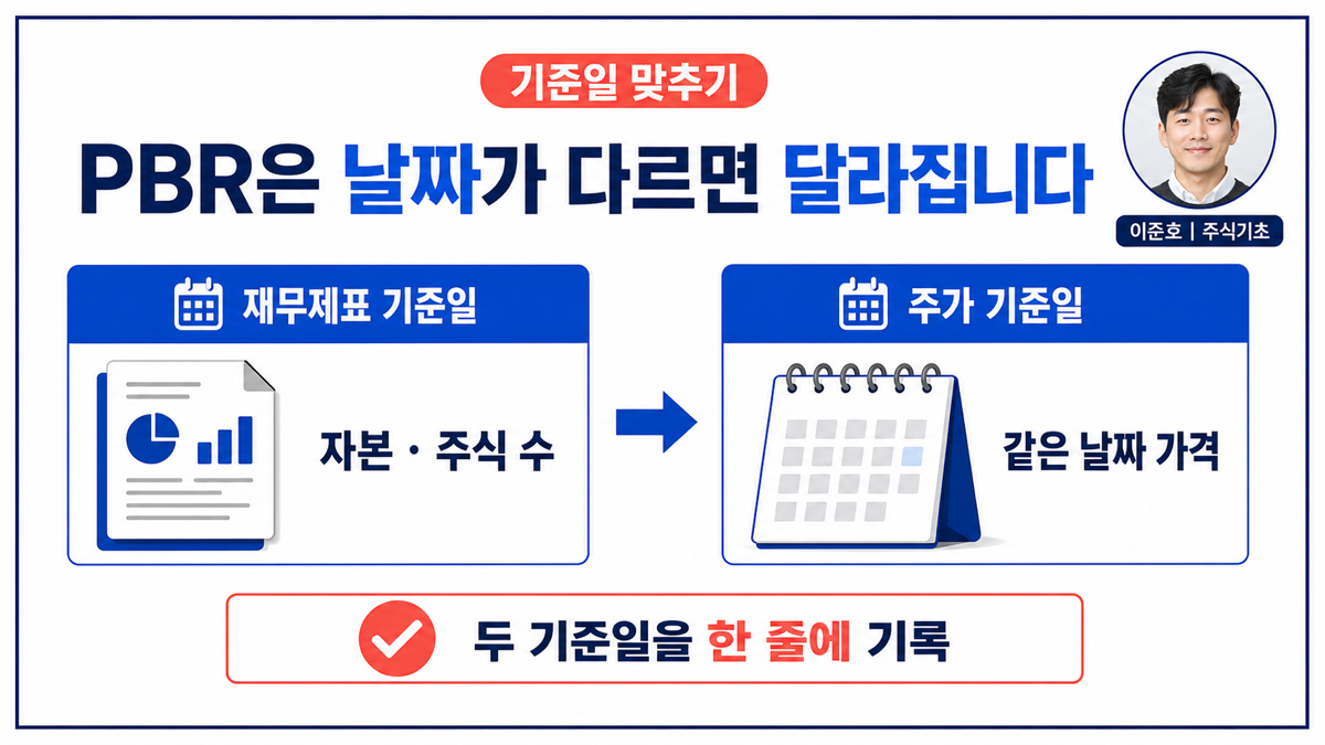 PBR을 계산할 때 재무제표 기준일과 주가 기준일을 함께 기록하는 방법을 설명하는 카드뉴스