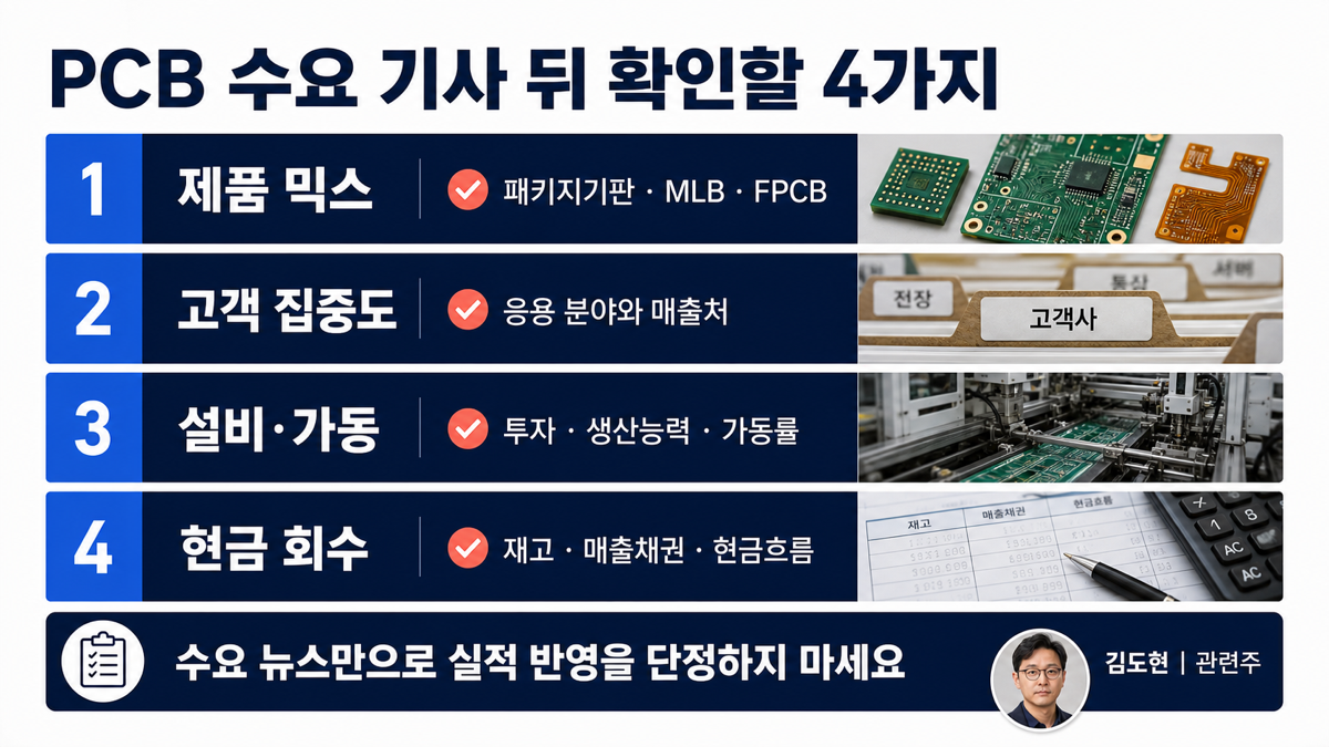 PCB 관련주에서 제품 믹스 고객 집중도 가동률 재고와 매출채권을 확인하는 카드뉴스