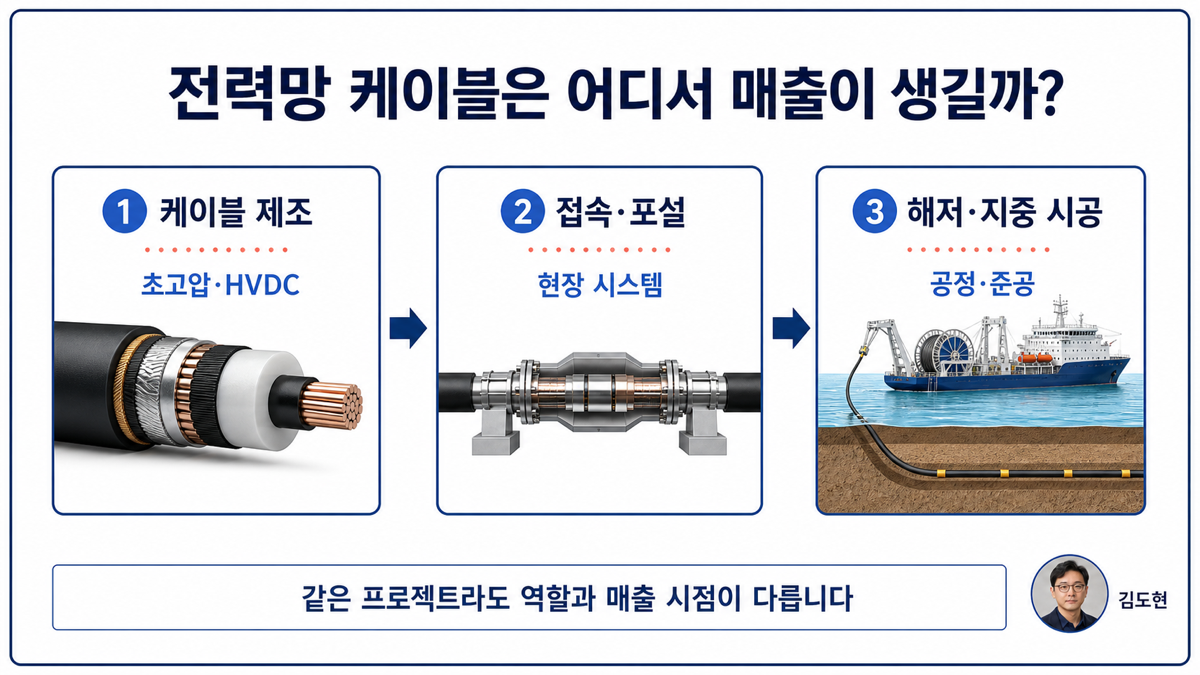 전력망 케이블 산업을 케이블 제조 접속재 포설 시공 지주회사 연결로 구분한 카드뉴스