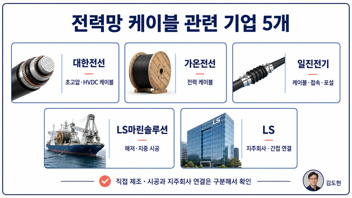 대한전선 가온전선 일진전기 LS마린솔루션 LS의 전력망 케이블 사업 역할을 구분한 카드뉴스
