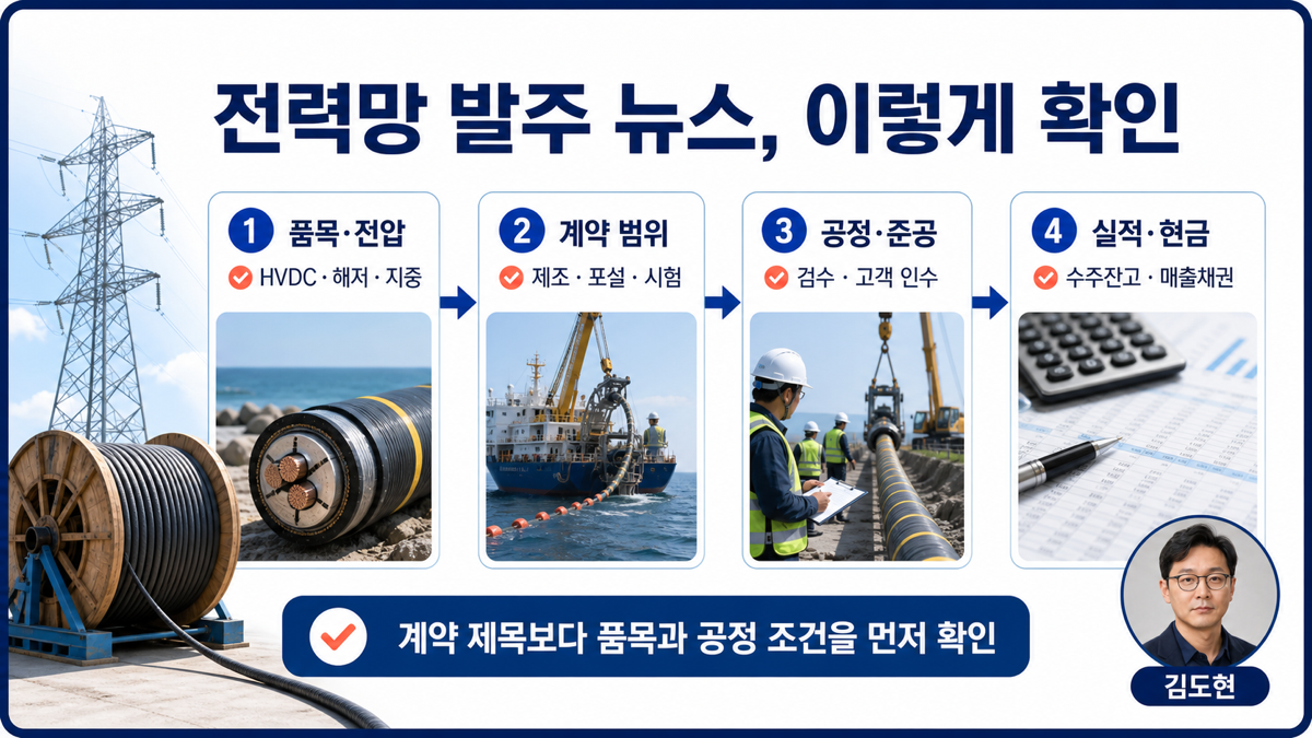 전력망 케이블 관련주에서 계약 품목 공정 준공 현금흐름을 확인하는 카드뉴스