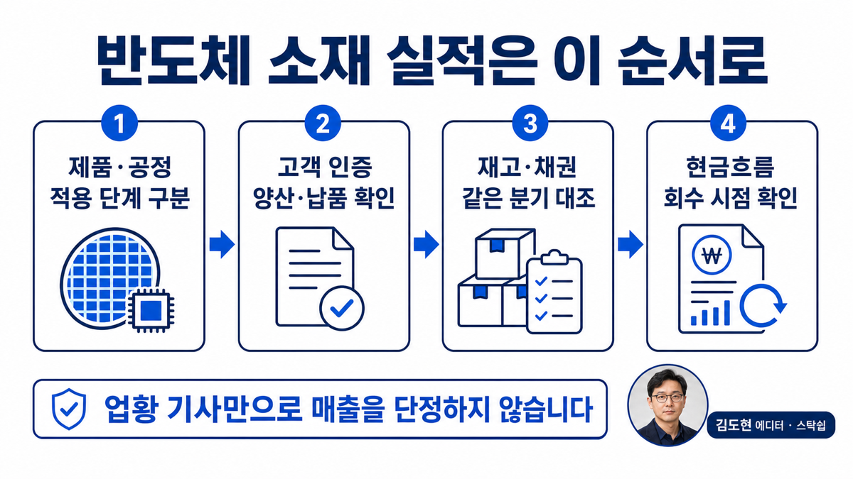 반도체 소재의 실적 확인 순서를 제품 공정 고객 인증 재고 매출채권 현금흐름으로 보여주는 카드뉴스