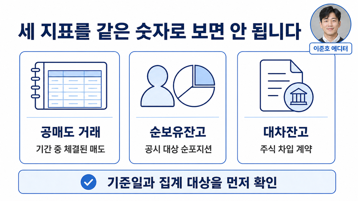 공매도 거래 순보유잔고 대차잔고의 차이와 확인 기준을 설명한 카드뉴스
