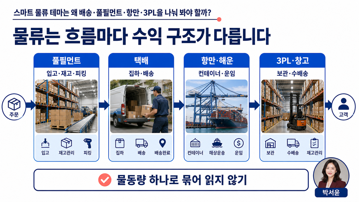 스마트 물류를 주문 재고 피킹 배송 항만과 3PL 흐름으로 나눈 카드뉴스