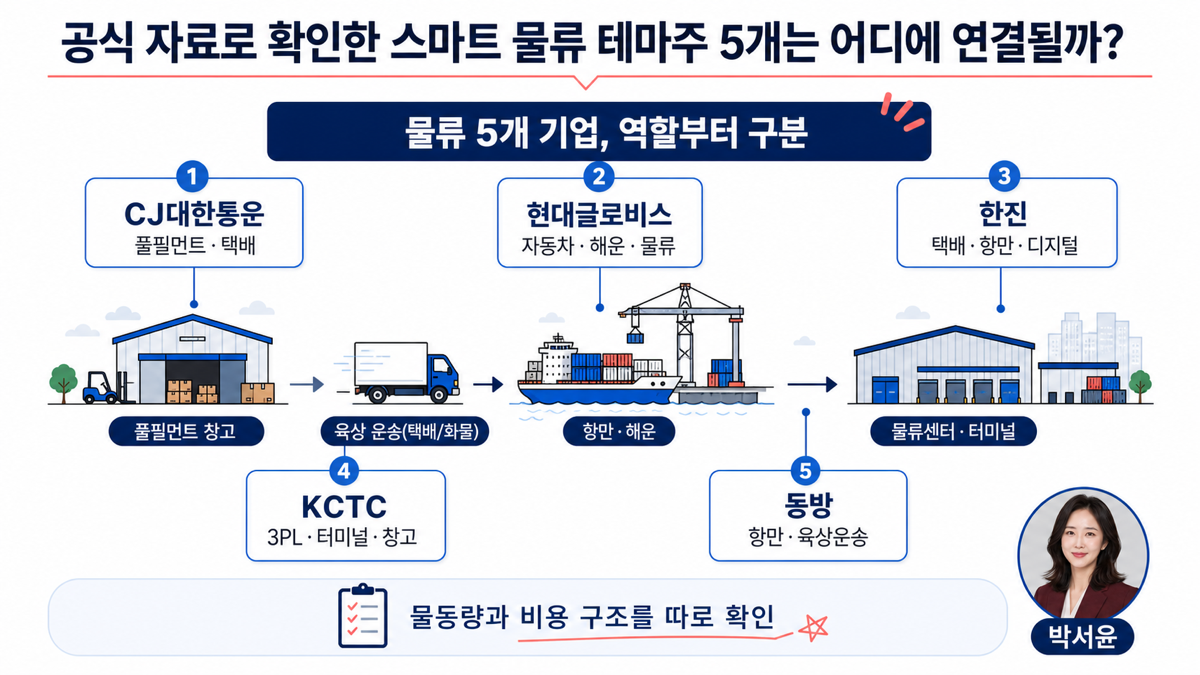 CJ대한통운 현대글로비스 한진 KCTC 동방의 물류 역할을 구분한 카드뉴스