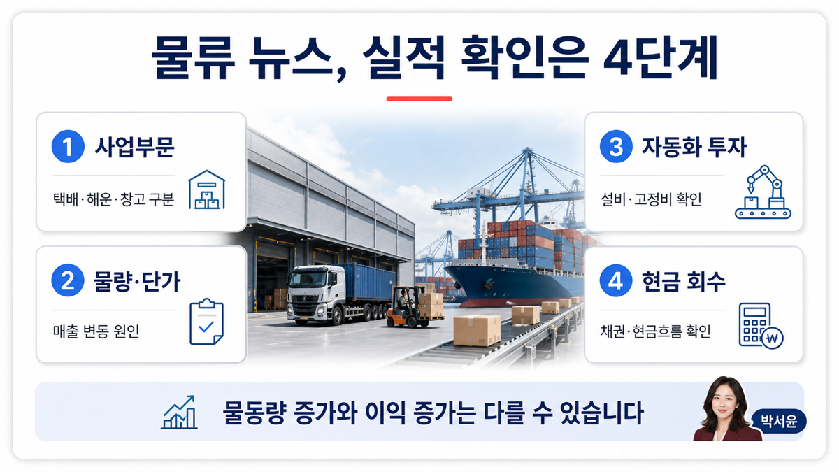 스마트 물류 테마에서 부문별 매출 물동량 단가 고정비와 현금흐름을 확인하는 카드뉴스