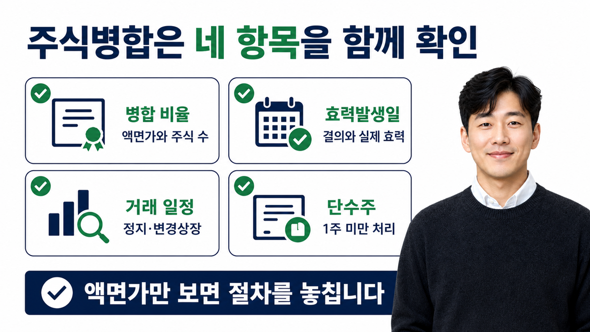 주식병합 공시에서 액면가 주식 수 효력발생일과 변경상장일을 함께 확인하는 카드뉴스