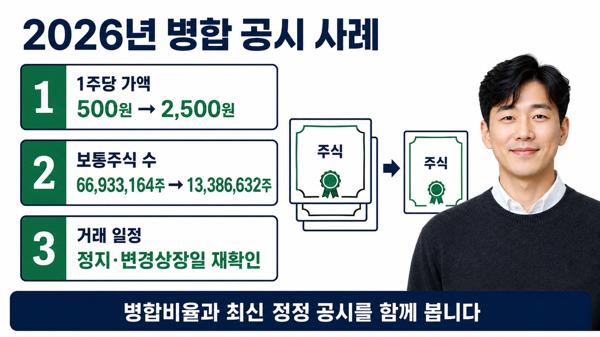 2026년 주식병합 공시에서 500원에서 2500원으로 바뀐 액면가와 주식 수 일정 변화를 설명하는 카드뉴스