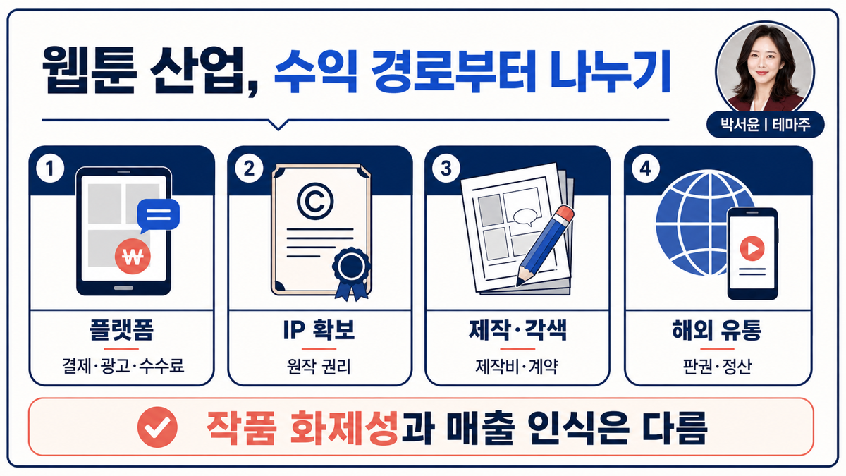 웹툰 산업을 플랫폼 IP 확보 제작 각색 해외 유통으로 나눈 카드뉴스
