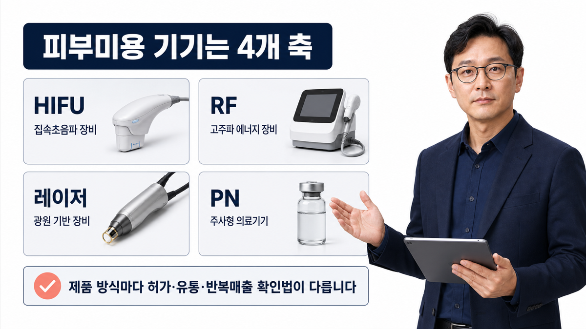 피부미용 의료기기를 집속초음파 고주파 레이저 PN 의료기기로 나누어 설명한 카드뉴스