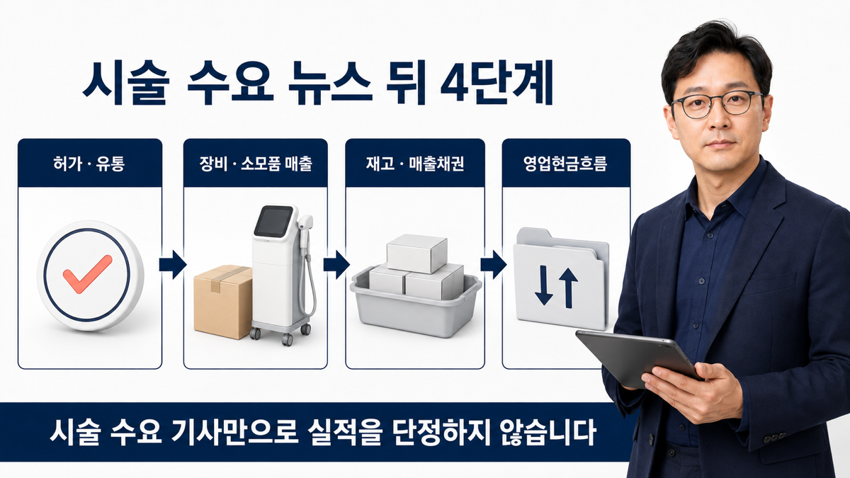 피부미용 의료기기에서 허가 유통 장비와 소모품 매출 재고와 현금을 확인하는 카드뉴스