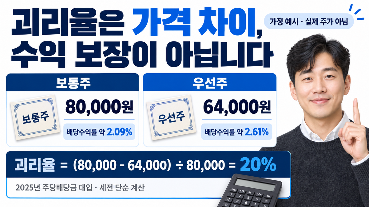 가정상 보통주8만원 우선주6만4천원의 괴리율20퍼센트와 배당수익률 계산을 비교한 이미지