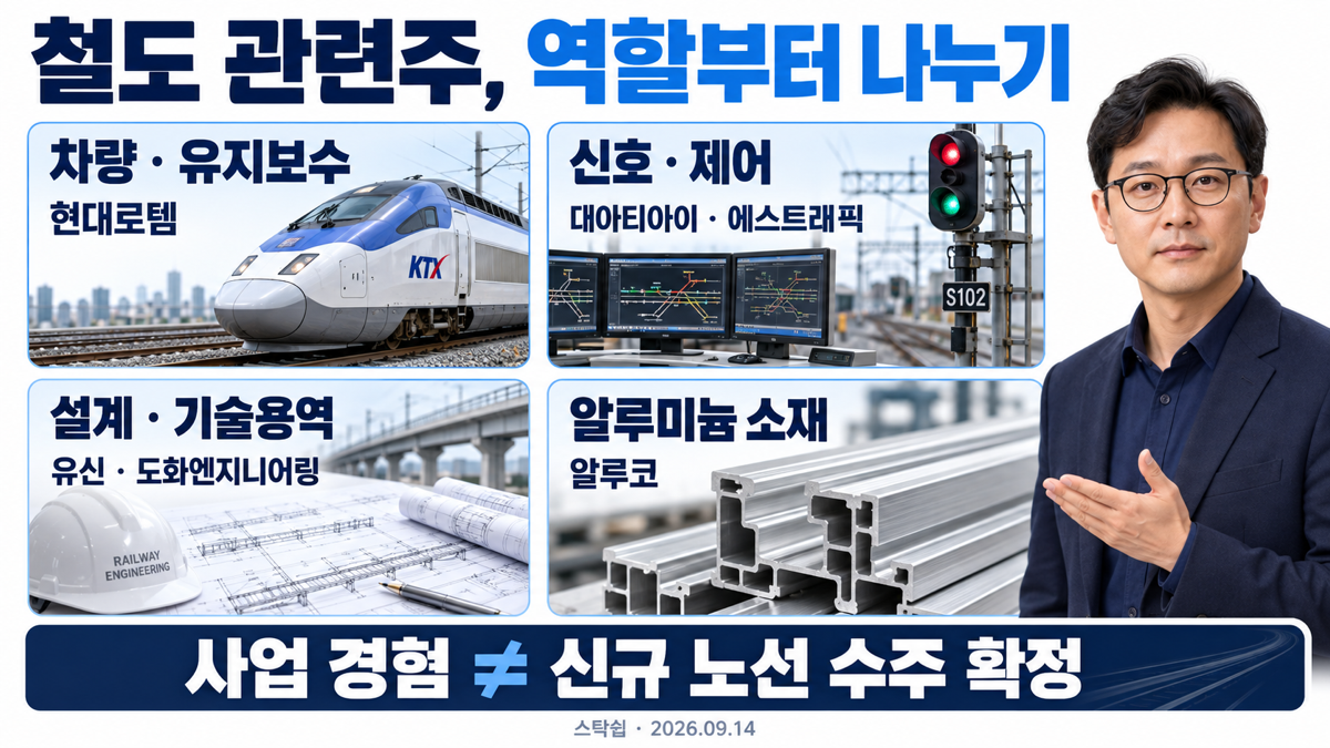 철도 관련 기업을 차량, 신호, 설계, 소재 네 분야로 구분한 설명 이미지