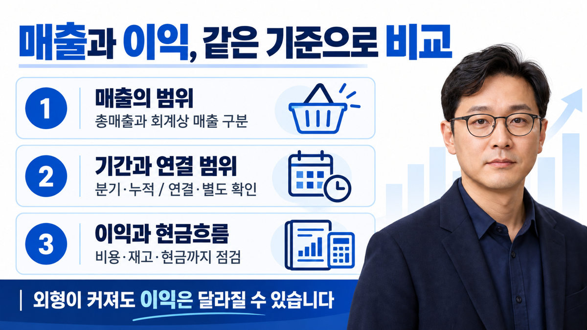 유통 실적은 매출의 범위와 분기 기준을 맞춘 뒤 영업이익과 현금흐름을 확인합니다.