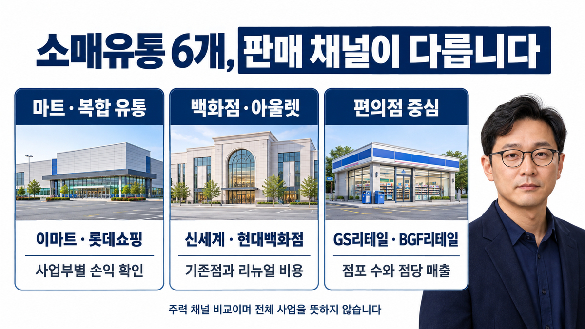 유통 관련주 여섯 기업을 마트 백화점 편의점 등 직접 운영 채널로 구분합니다.