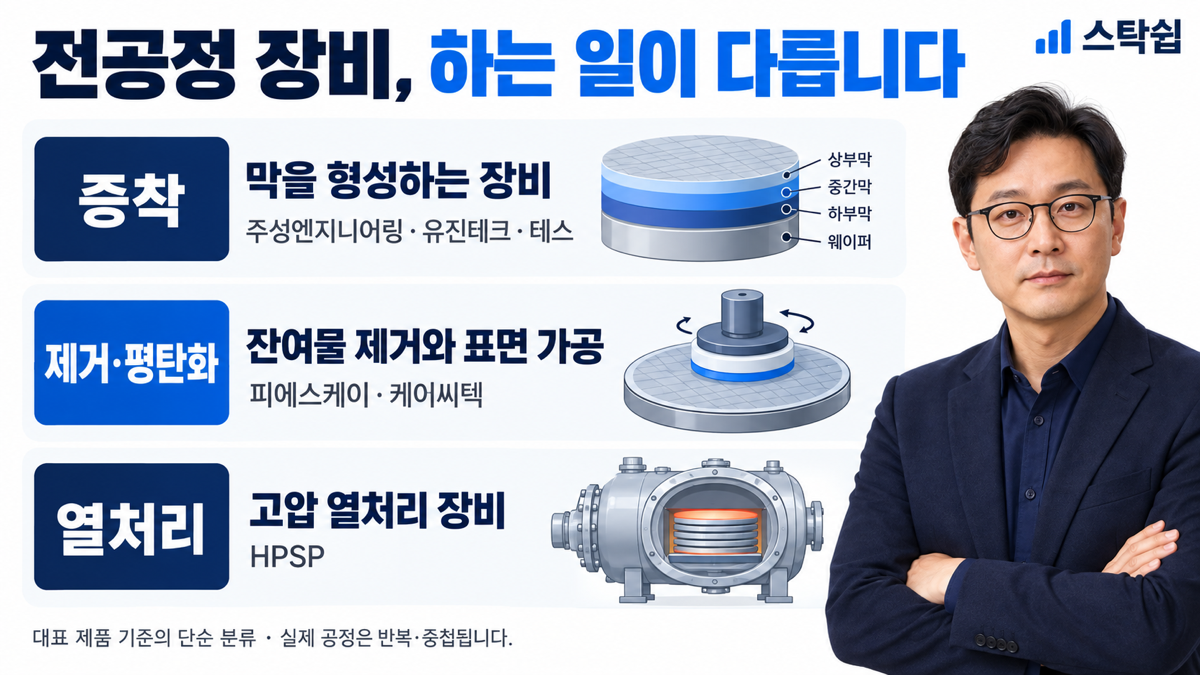 전공정 장비를 증착, 제거와 평탄화, 열처리로 구분한 설명 이미지