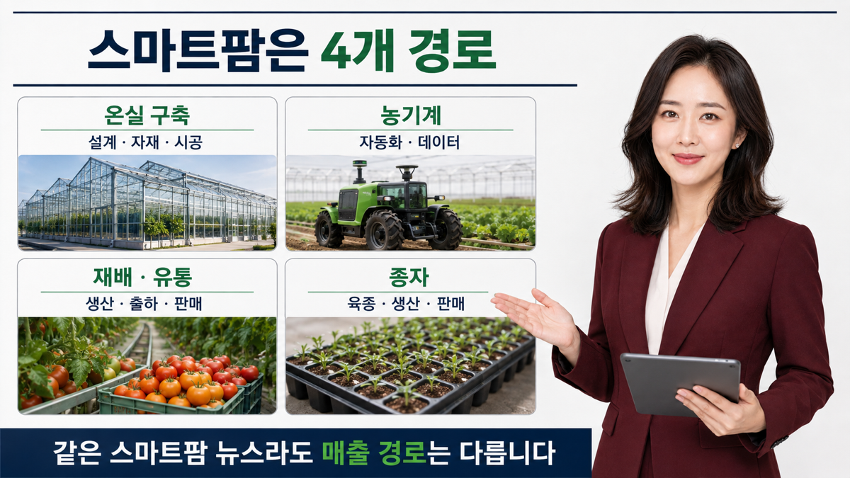 스마트팜 산업을 온실 구축 농기계 종자 재배와 유통으로 나누어 설명한 카드뉴스