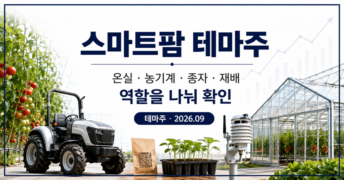 스마트팜 테마주 대표 이미지: 온실 농기계 종자 재배 역할을 나눠 설명