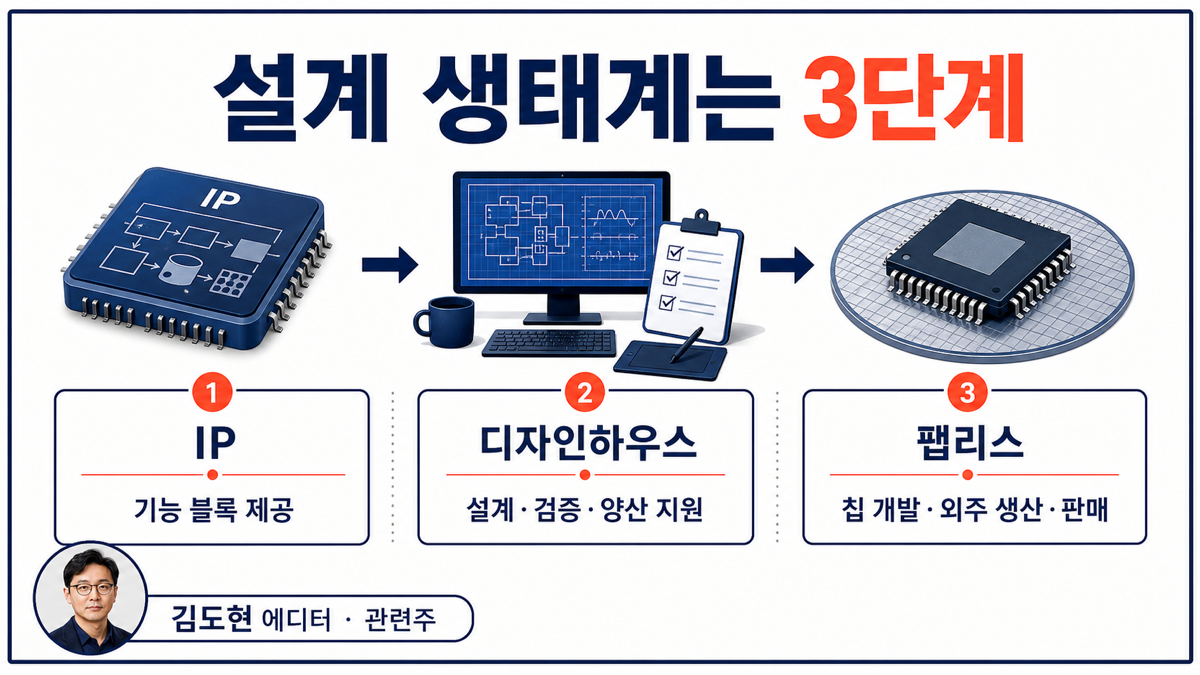 시스템반도체 설계 생태계를 IP 디자인하우스 팹리스와 파운드리 양산 단계로 구분한 카드뉴스