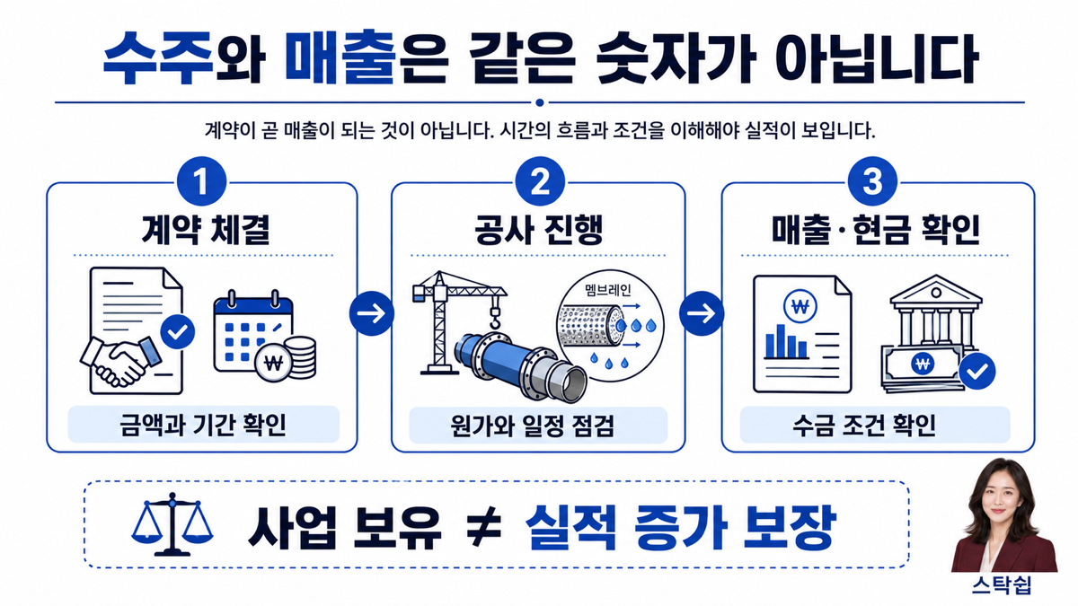 수처리 계약 이후 공사 진행, 매출 인식과 현금 회수를 따로 확인해야 합니다.